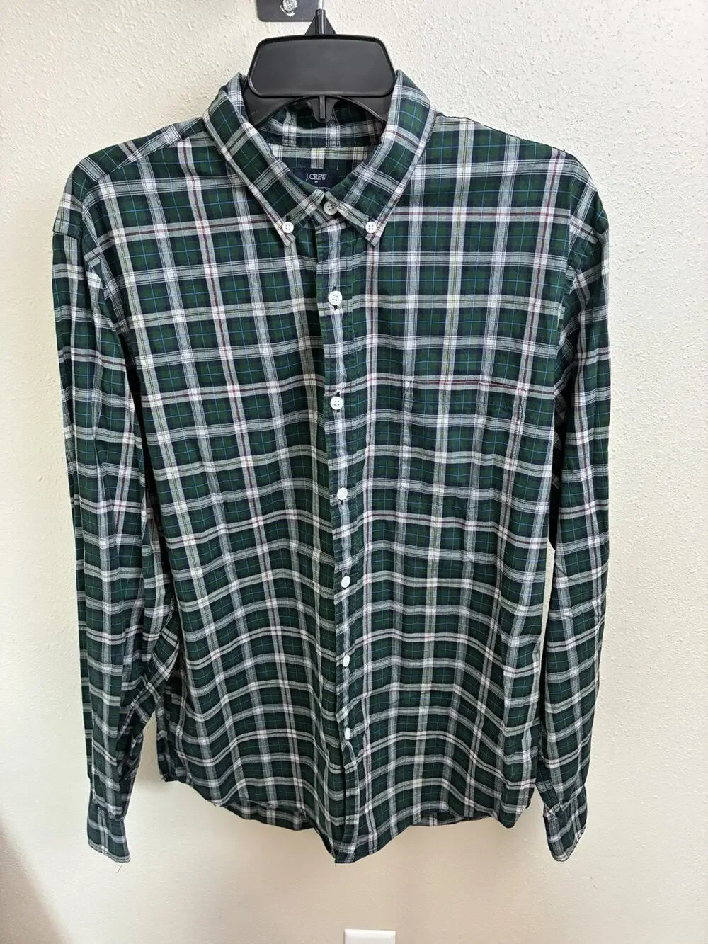 J. CREW Green Plaid Oxford Mens L 100% Heathered Cotton